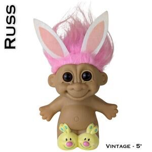 VTG Russ Easter Bunny Troll Doll 5" Girl Pink Hair Ears Yellow Bunny Slippers